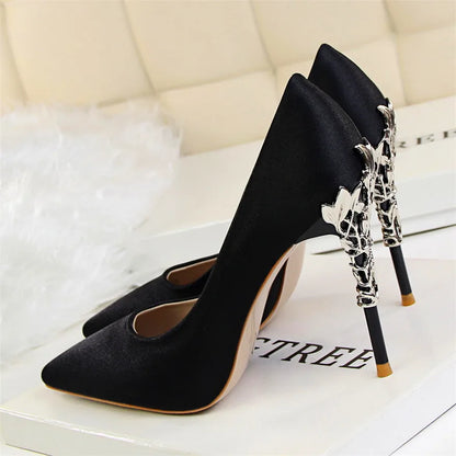 Elegant Metal Carved Heel Women Pumps Solid Silk Pointed Toe High Heels 10cm