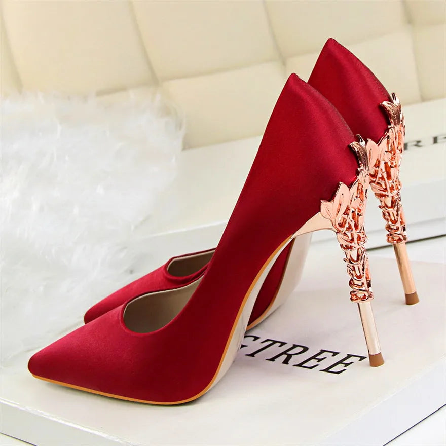 Elegant Metal Carved Heel Women Pumps Solid Silk Pointed Toe High Heels 10cm