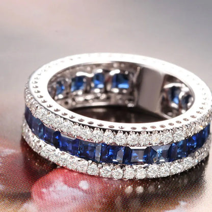 Women Fine Jewelry 925 Sterling Silver Round  Vintage Antique Band Ring With Clear Zircon Blue