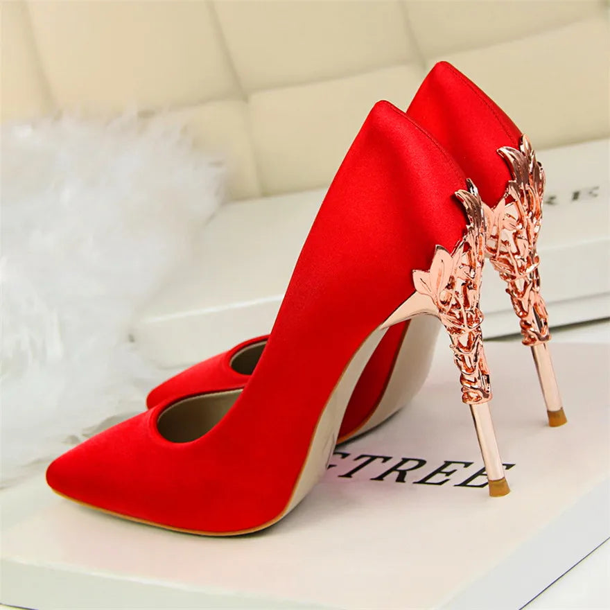Elegant Metal Carved Heel Women Pumps Solid Silk Pointed Toe High Heels 10cm