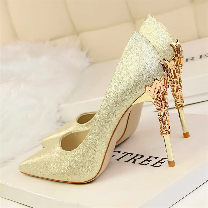 Elegant Metal Carved Heel Women Pumps Solid Silk Pointed Toe High Heels 10cm