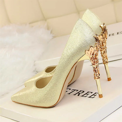 Elegant Metal Carved Heel Women Pumps Solid Silk Pointed Toe High Heels 10cm