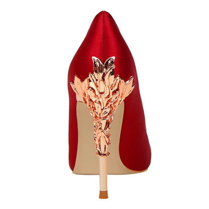 Elegant Metal Carved Heel Women Pumps Solid Silk Pointed Toe High Heels 10cm
