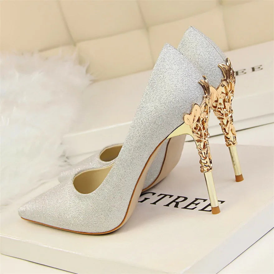 Elegant Metal Carved Heel Women Pumps Solid Silk Pointed Toe High Heels 10cm
