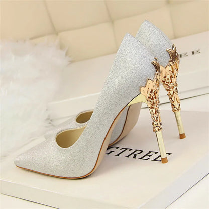 Elegant Metal Carved Heel Women Pumps Solid Silk Pointed Toe High Heels 10cm