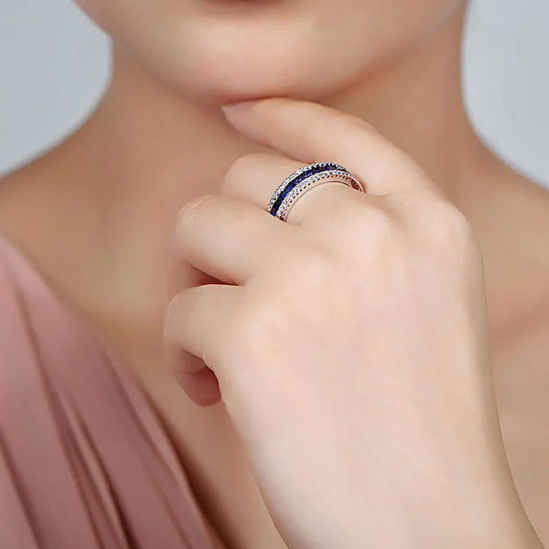 Women Fine Jewelry 925 Sterling Silver Round  Vintage Antique Band Ring With Clear Zircon Blue
