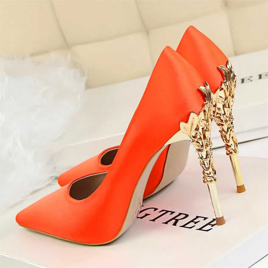 Elegant Metal Carved Heel Women Pumps Solid Silk Pointed Toe High Heels 10cm