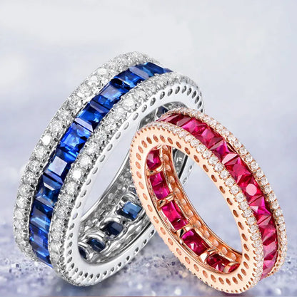 Women Fine Jewelry 925 Sterling Silver Round  Vintage Antique Band Ring With Clear Zircon Blue