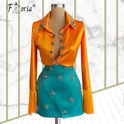 Haute Couture Two Piece Cocktail Outfit Long Sleeves Fashion Rhinestones [More Colors]