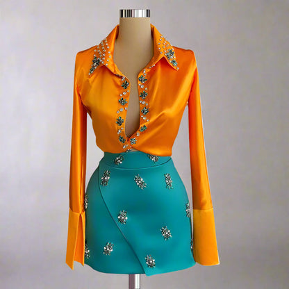 Haute Couture Two Piece Cocktail Set Long Sleeves Fashion Rhinestones