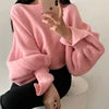 Women Neck Split Design Sleeve Lantern High Waist Short Kitted Sweater