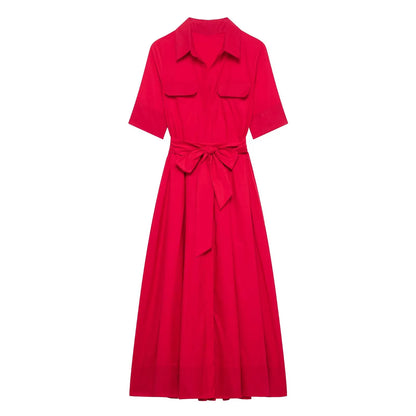 Women's Spring and Summer Classic Light Luxury Belted Shirt Collar Short-Sleeve Poplin Dress