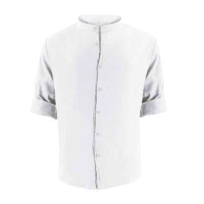 Summer Men's Beaded Loose Casual Linen Breathable Hawaiian Simple Long Sleeve Shirt Beach Shorts Set