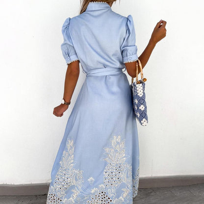 Elegant Embroidered Women Maxi Dress Chic Lapel Long Sleeve High Waist Lace Up Dresses