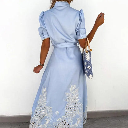 Elegant Embroidered Women Maxi Dress Chic Lapel Long Sleeve High Waist Lace Up Dresses