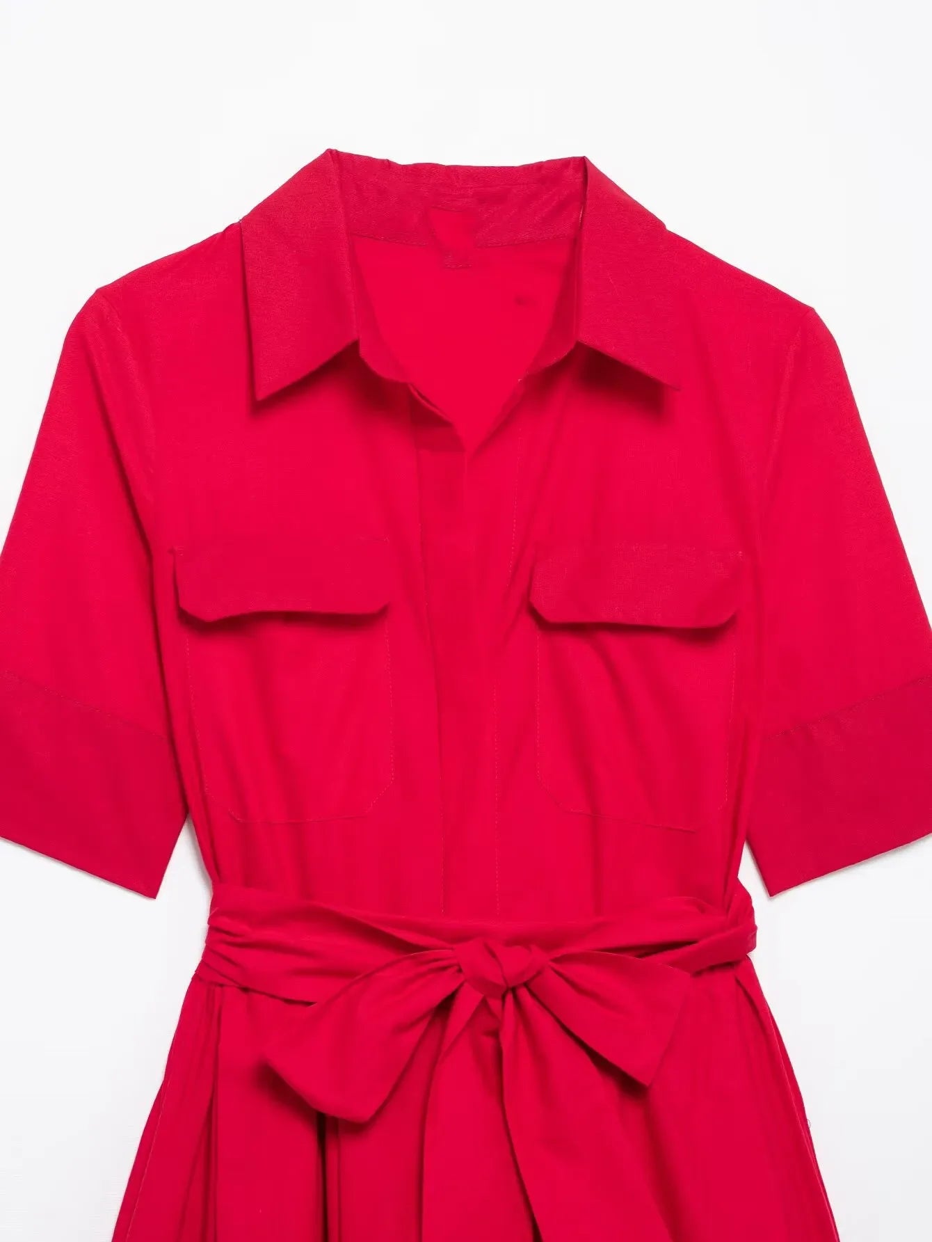 Women's Spring and Summer Classic Light Luxury Belted Shirt Collar Short-Sleeve Poplin Dress