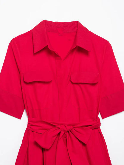 Women's Spring and Summer Classic Light Luxury Belted Shirt Collar Short-Sleeve Poplin Dress