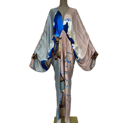 Sexy Silk Long Maxi Robe Women V-neck Bohemian Dress