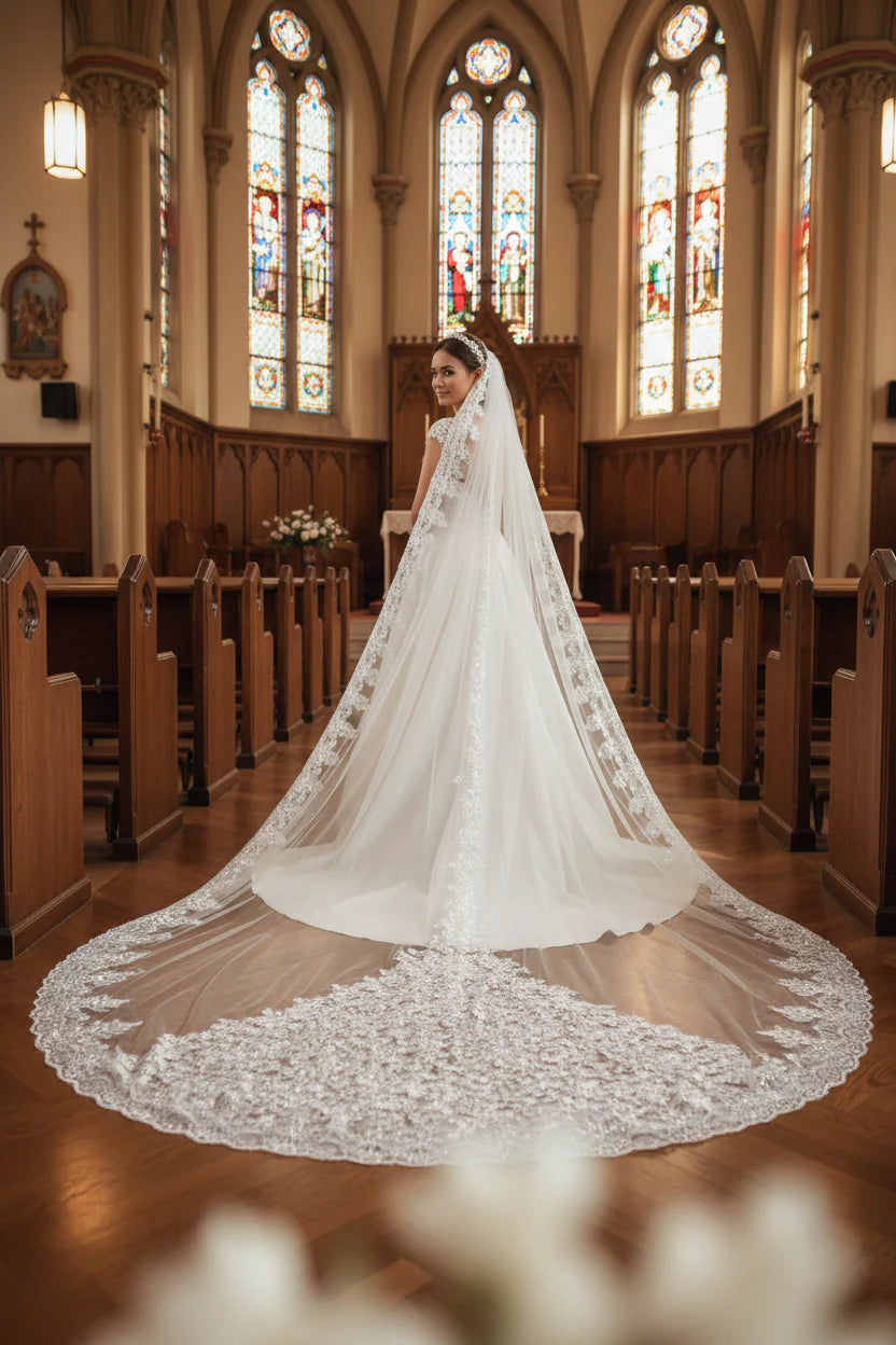 Luxury shiny sequins bridal church veil lace edge 1-layer metal comb 5 meters long
