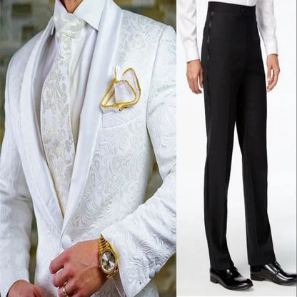 White Pattern Groom Tuxedos Shawl Satin Lapel Men Suits 2 Pieces Wedding Bridegroom (Jacket + Pants + Tie)