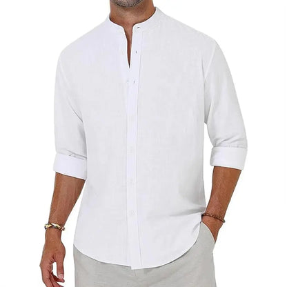 Men's Loose Casual Linen Breathable Solid Color Simple Long Sleeve Shirt Collar Cotton Cardigan
