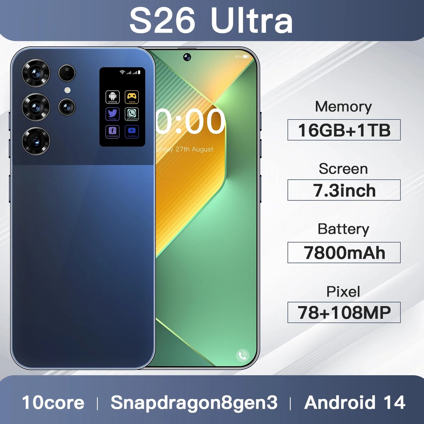 S26 Ultra Android 15 5G Smartphone High Quality 7.3 Inch HD Face ID Deca core Gaming Mobile Phone 16GB+1TB Factory Direct