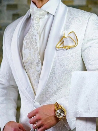 White Pattern Groom Tuxedos Shawl Satin Lapel Men Suits 2 Pieces Wedding Bridegroom (Jacket + Pants + Tie)