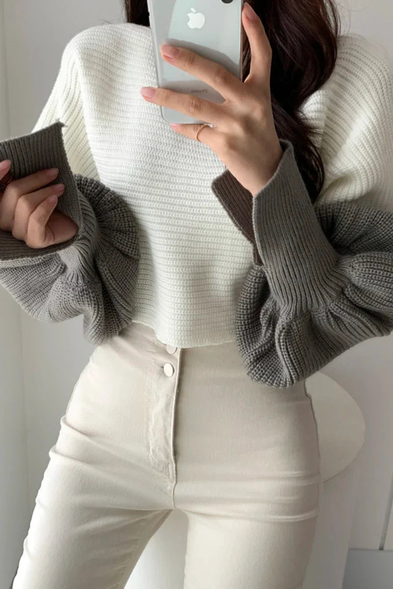 Women Neck Split Design Sleeve Lantern High Waist Short Kitted Sweater