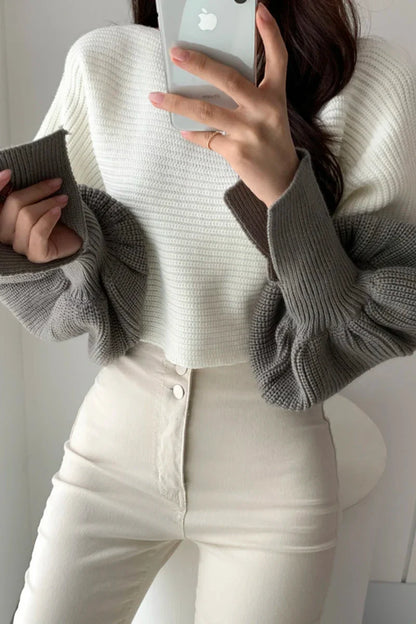 Women Neck Split Design Sleeve Lantern High Waist Short Kitted Sweater