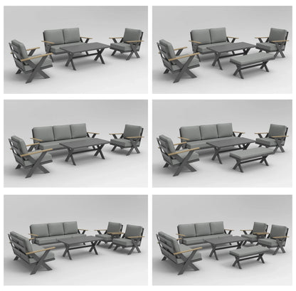 Modern All-Aluminum Outdoor Modular Sofa Set with X-Frame Design and Dining Table Freely Combinable for Farmhouse & Courtyard