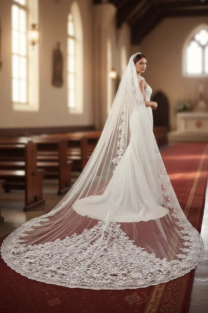 Luxury shiny sequins bridal church veil lace edge 1-layer metal comb 5 meters long