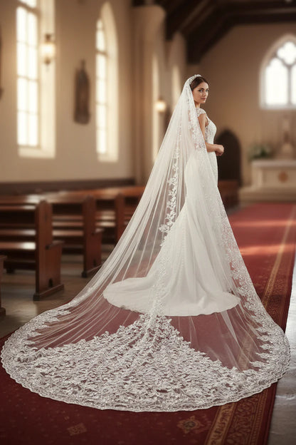 Luxury shiny sequins bridal church veil lace edge 1-layer metal comb 5 meters long