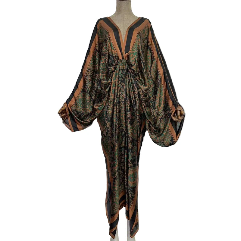 Sexy Silk Long Maxi Robe Women V-neck Bohemian Dress