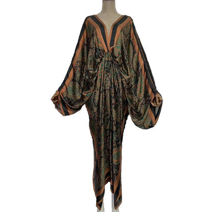 Sexy Silk Long Maxi Robe Women V-neck Bohemian Dress