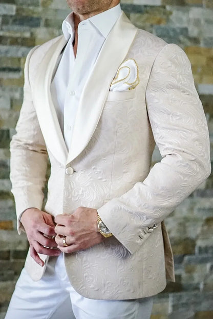 White Pattern Groom Tuxedos Shawl Satin Lapel Men Suits 2 Pieces Wedding Bridegroom ( Jacket + Pants + Tie  )