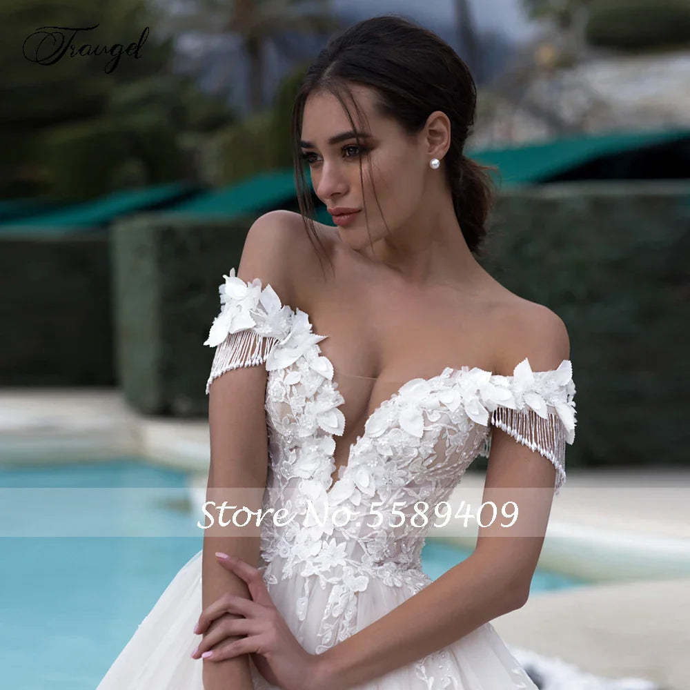 Customized Off The Shoulder A Line Lace Wedding Dresses Cathedral Train Plus Size