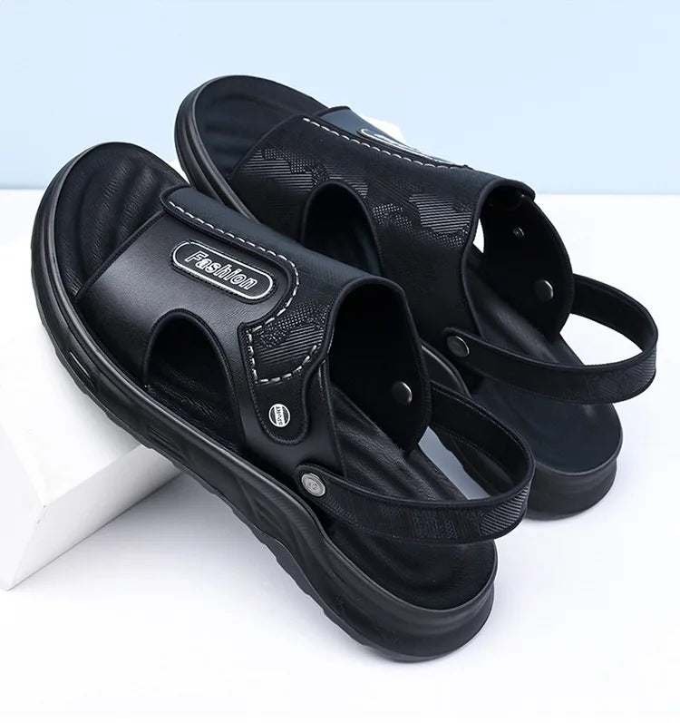 Xuanhui Men's Durable Non-Slip Flat Heel Sandals Thick Sole Breathable PU Insole Summer Beach Shoes