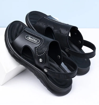 Xuanhui Men's Durable Non-Slip Flat Heel Sandals Thick Sole Breathable PU Insole Summer Beach Shoes