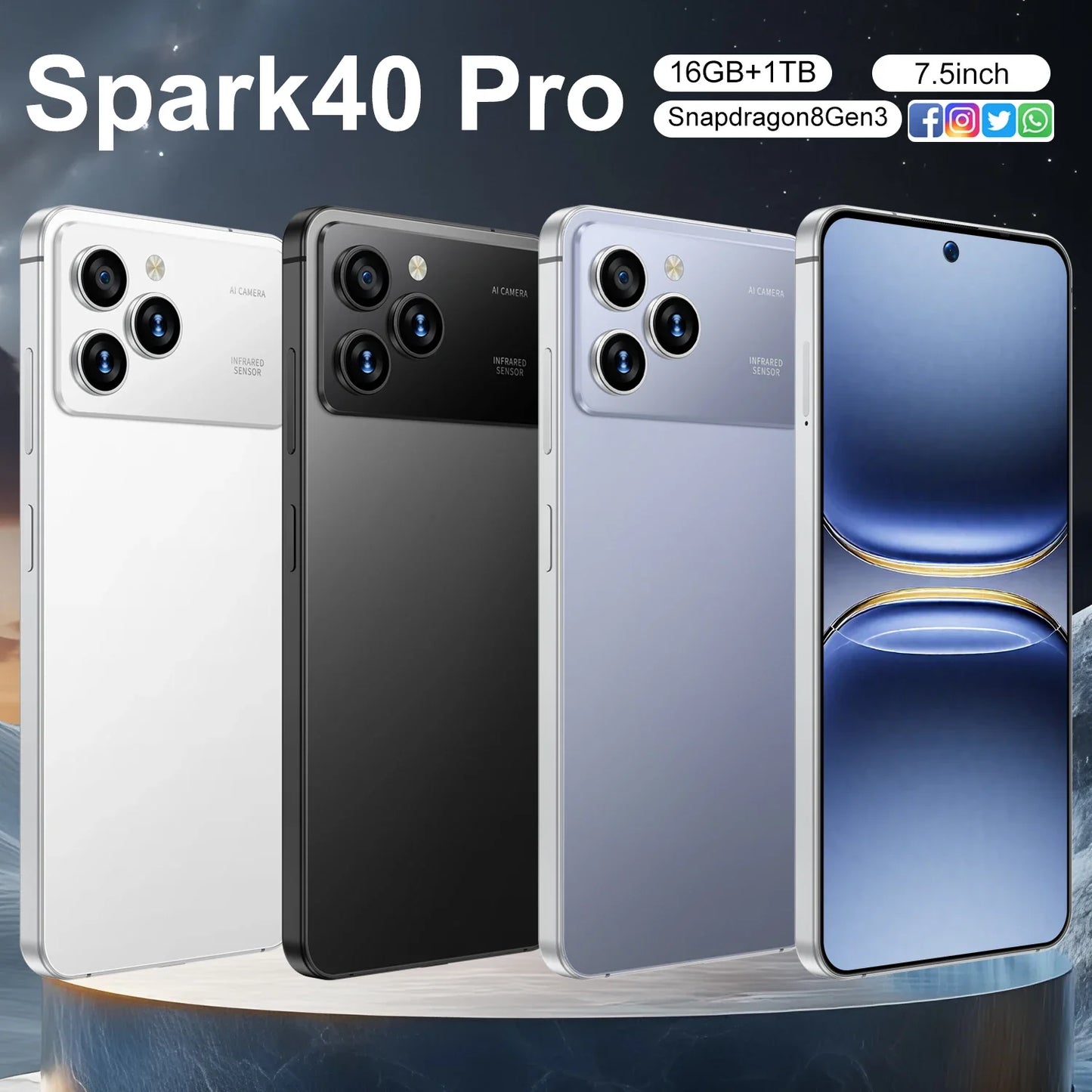New Spark40 Pro 7.3 Inch Android 14 5G Deca Core 108MP HD LCD Dual SIM 16GB+1TB Smartphone