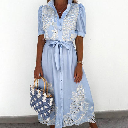 Elegant Embroidered Women Maxi Dress Chic Lapel Long Sleeve High Waist Lace Up Dresses