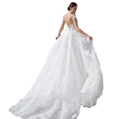 Luxurious White Wedding Bridal Dress Modern A-Line V-Neck with Sexy Flower Lace Embroidery Lace-Up Back Design