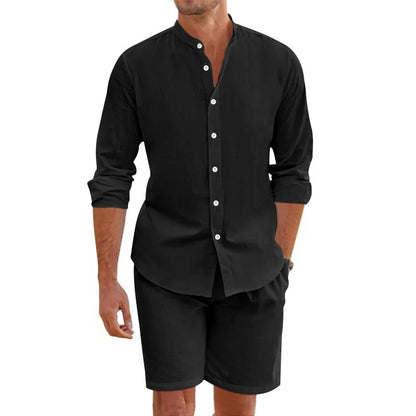 Summer Men's Beaded Loose Casual Linen Breathable Hawaiian Simple Long Sleeve Shirt Beach Shorts Set