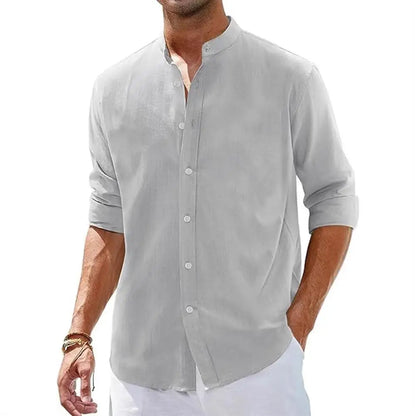 Men's Loose Casual Linen Breathable Solid Color Simple Long Sleeve Shirt Collar Cotton Cardigan