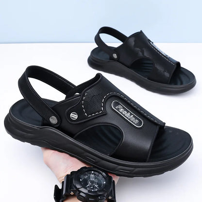 Xuanhui Men's Durable Non-Slip Flat Heel Sandals Thick Sole Breathable PU Insole Summer Beach Shoes