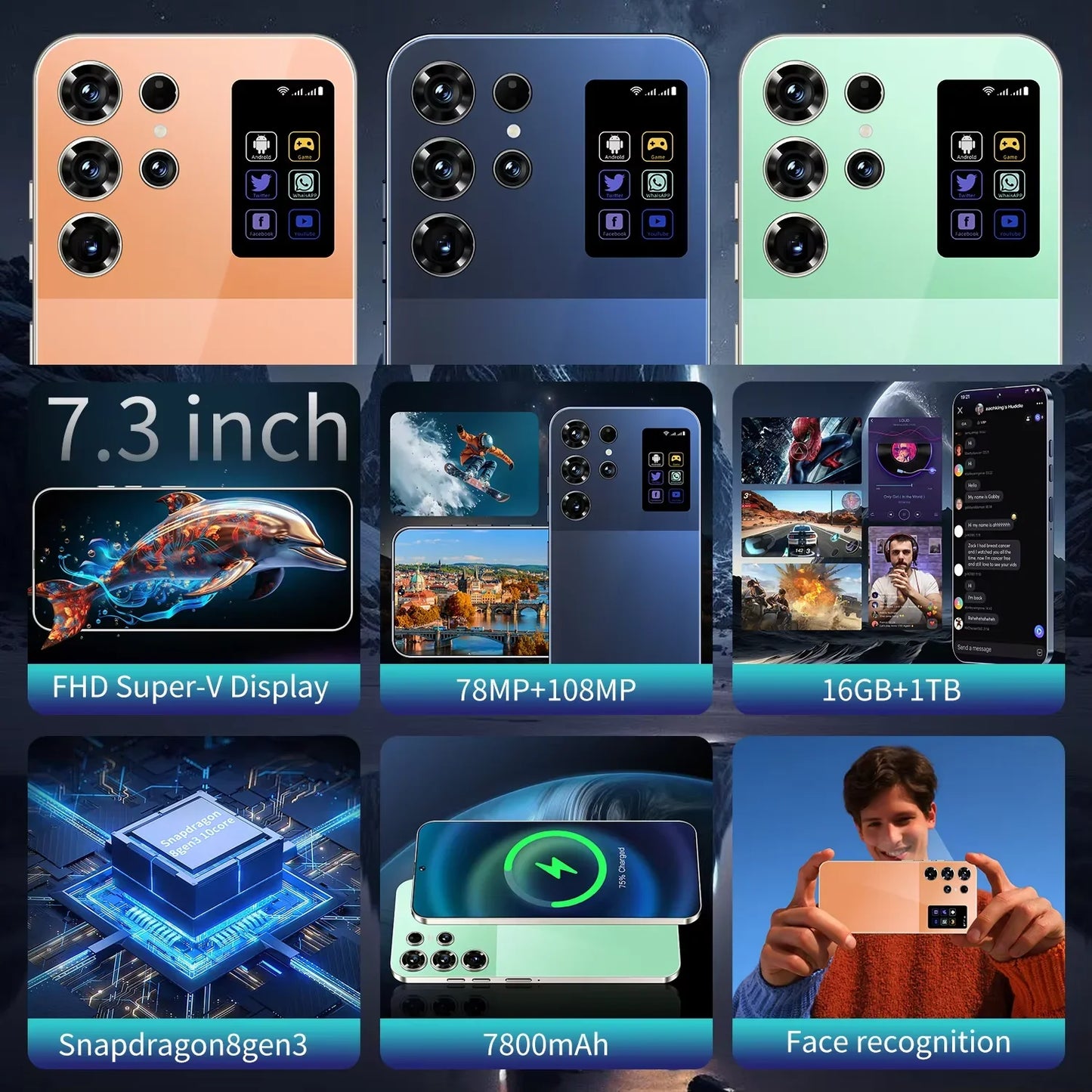 S26 Ultra Android 15 5G Smartphone High Quality 7.3 Inch HD Face ID Deca core Gaming Mobile Phone 16GB+1TB Factory Direct
