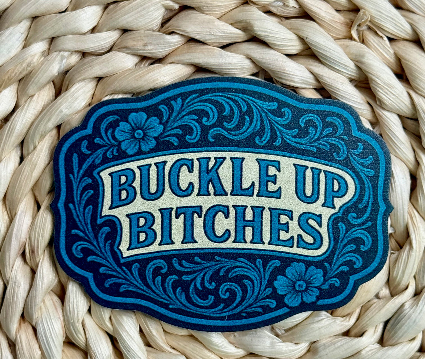 Buckle Up Tooled Look Buckle Style UV Printed Leatherette Hat Patch