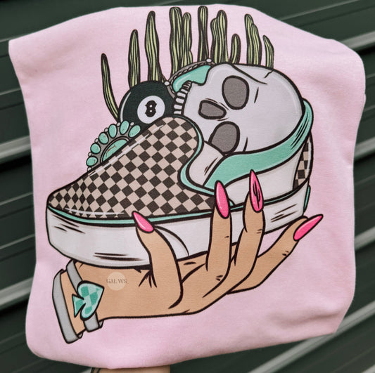 checker shoe & skull tee or sweatshirt