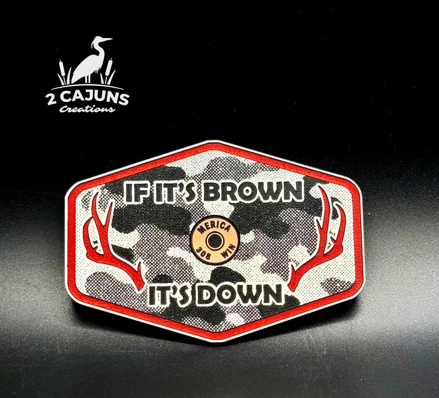 If It's Brown It's Down Acrylic Linen Camo Design Hat Patch with Copper Acrylic Insert Merica Edition - 2 Pieces - 4 Colors Available