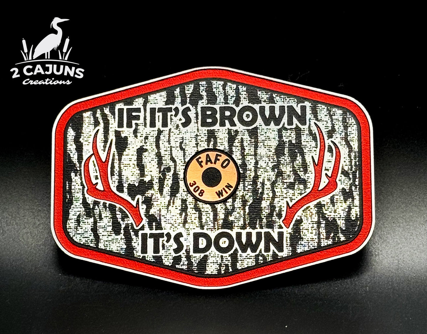If It's Brown It's Down Acrylic Tree Bark Design Hat Patch with Copper Acrylic Insert FAFO Edition - 2 Pieces - 4 Colors Available