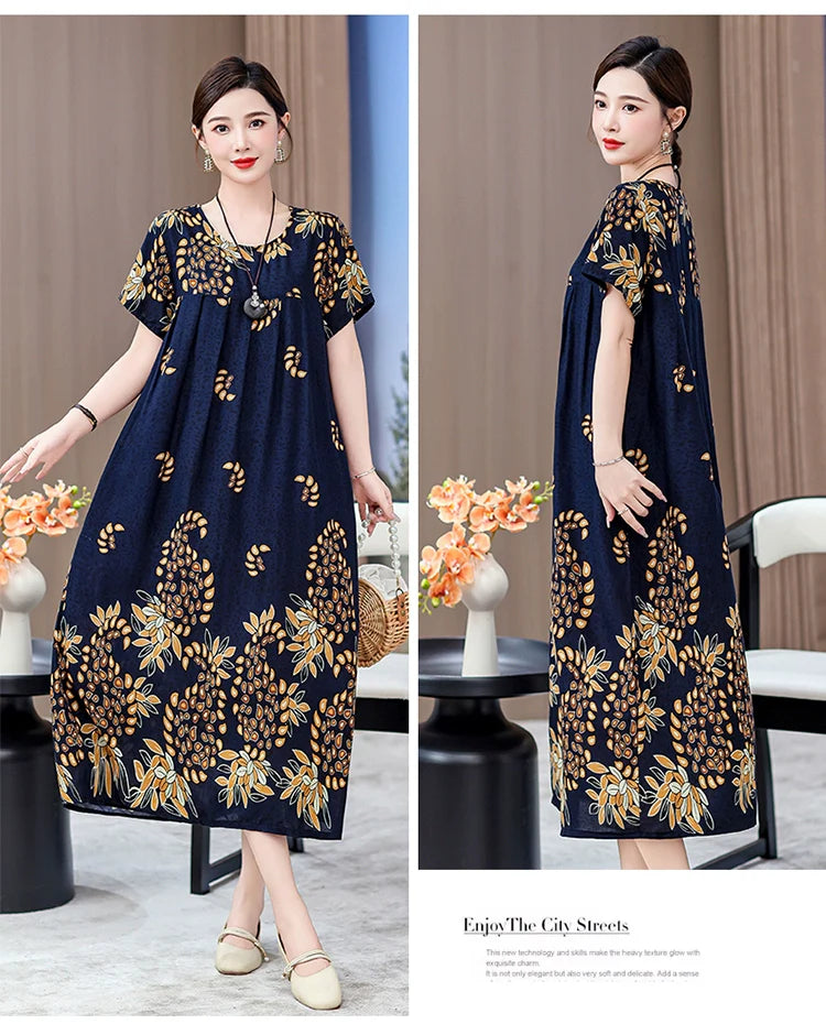 Noble over-the-Knee Middle-Aged Ladieswear Large Swing Noil Poplin Dress